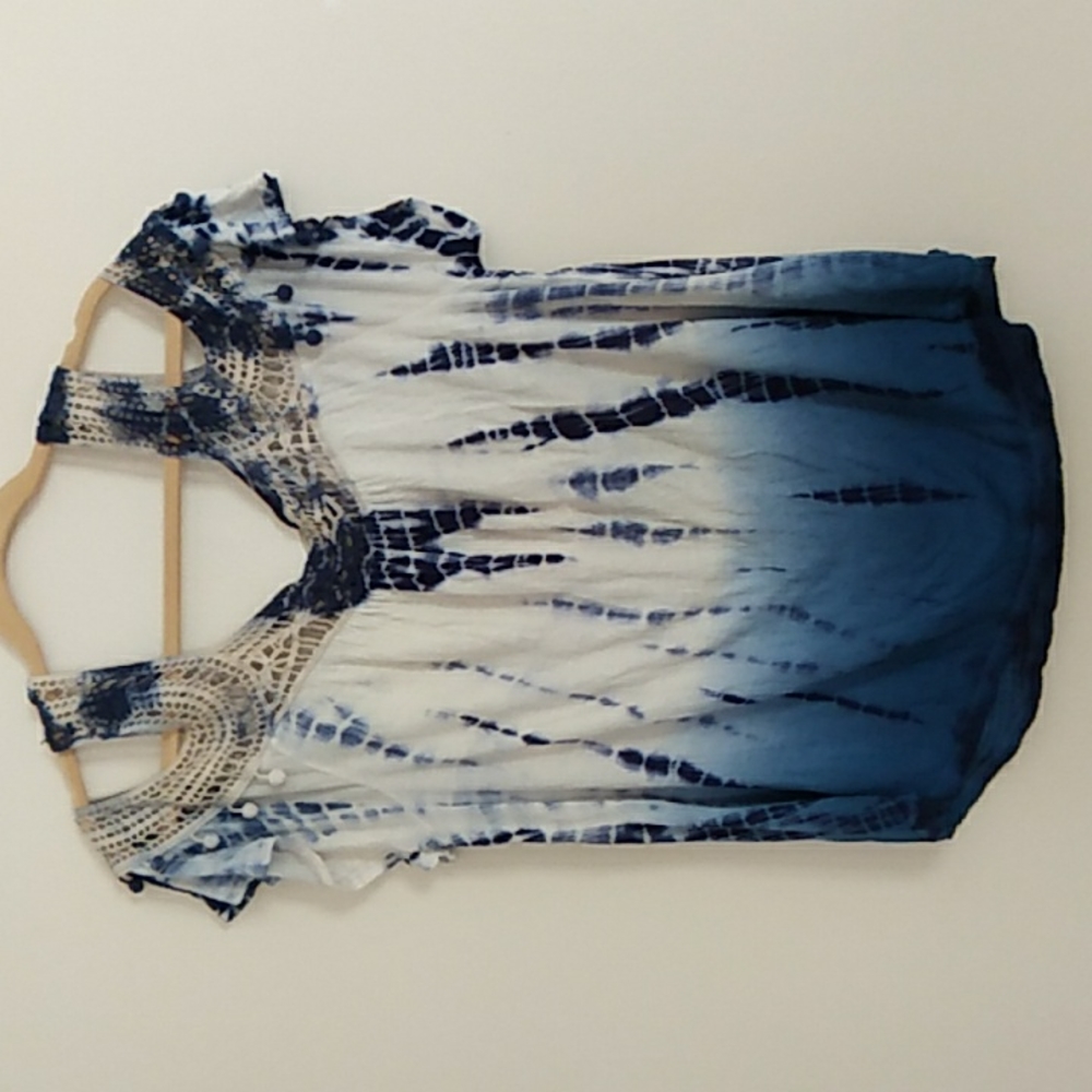 Vintage American Blues Cold Shoulder Tie Dye Boho Crochet Shoulder Straps SZ S